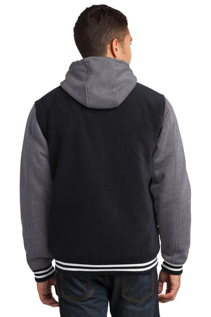 Custom Embroidered Sport-Tek Insulated Letterman Jacket. JST82,Black/ Vintage Heather