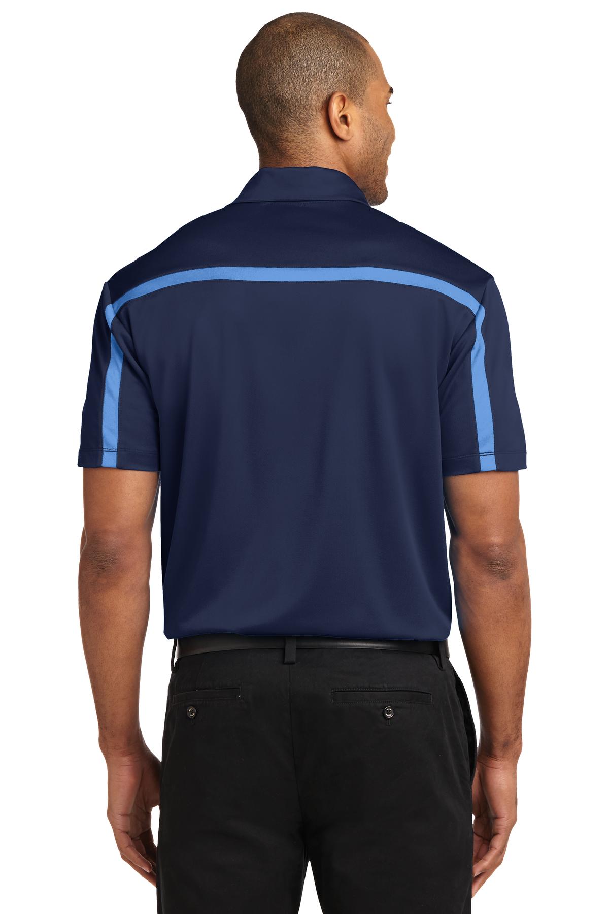 Custom Embroidered Port Authority Silk Touch Performance Colorblock Stripe Polo. K547,Navy/ Carolina Blue