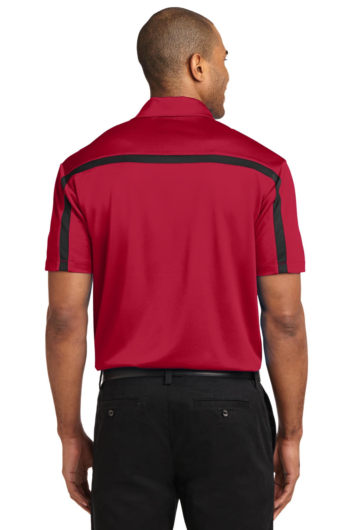 Custom Embroidered Port Authority Silk Touch Performance Colorblock Stripe Polo. K547,Red/ Black