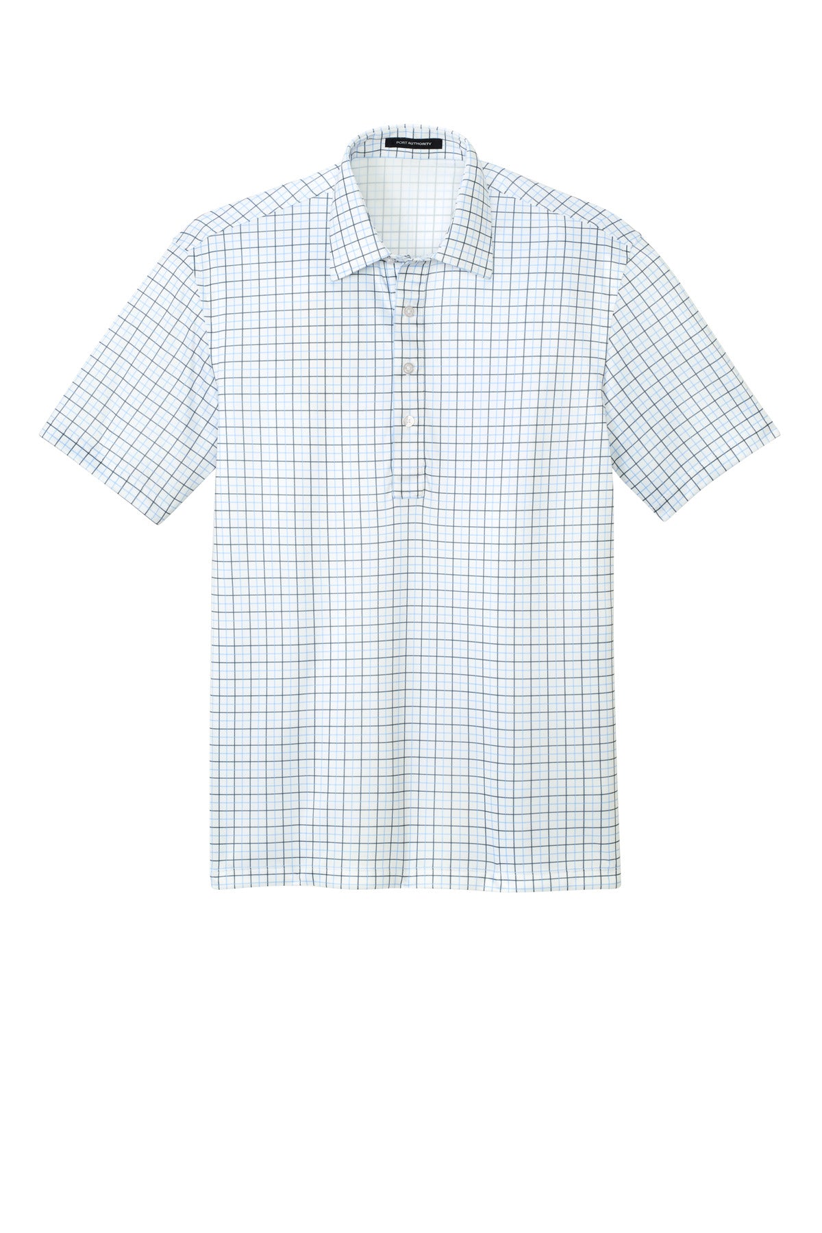 Custom Embroidered Port Authority Polos/Knits in Black/ Carolina Blue Check