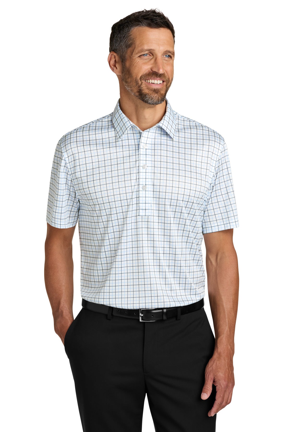 Custom Embroidered Port Authority Polos/Knits in Black/ Carolina Blue Check