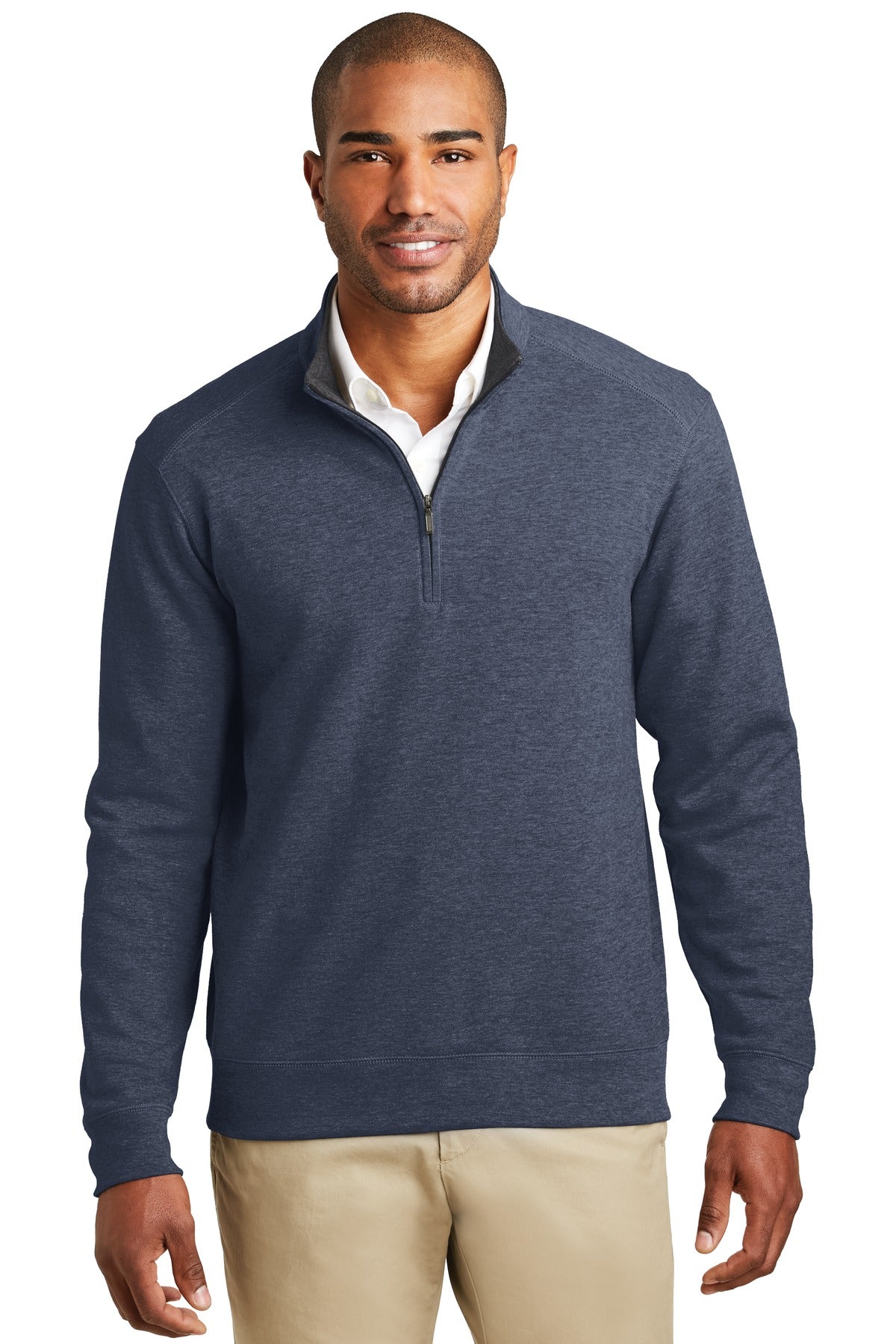 Custom Embroidered Port Authority Polos in Estate Blue Heather/ Charcoal Heather