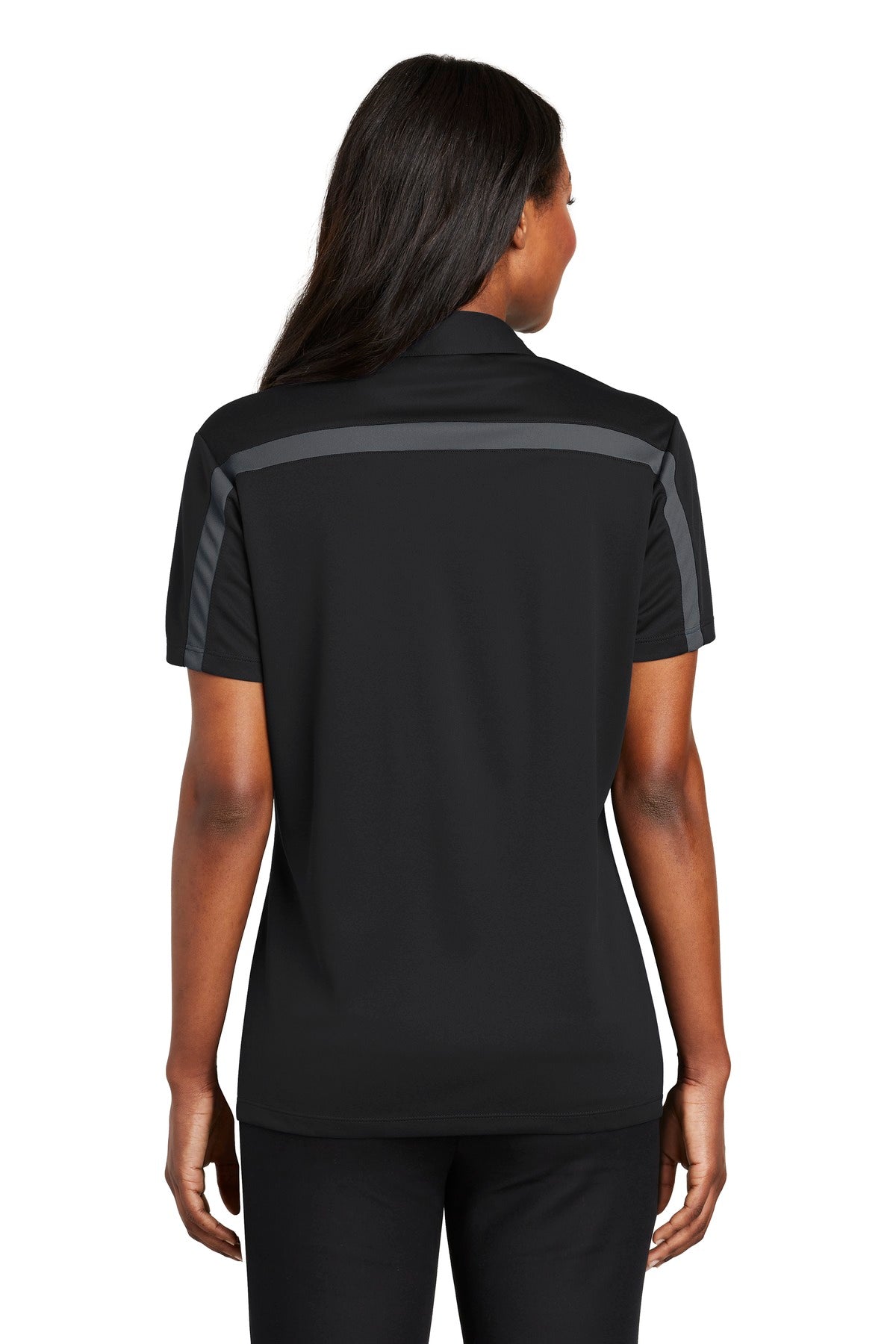 Custom Embroidered Port Authority Women's Silk Touch Performance Colorblock Stripe Polo. L547,Black/ Steel Grey
