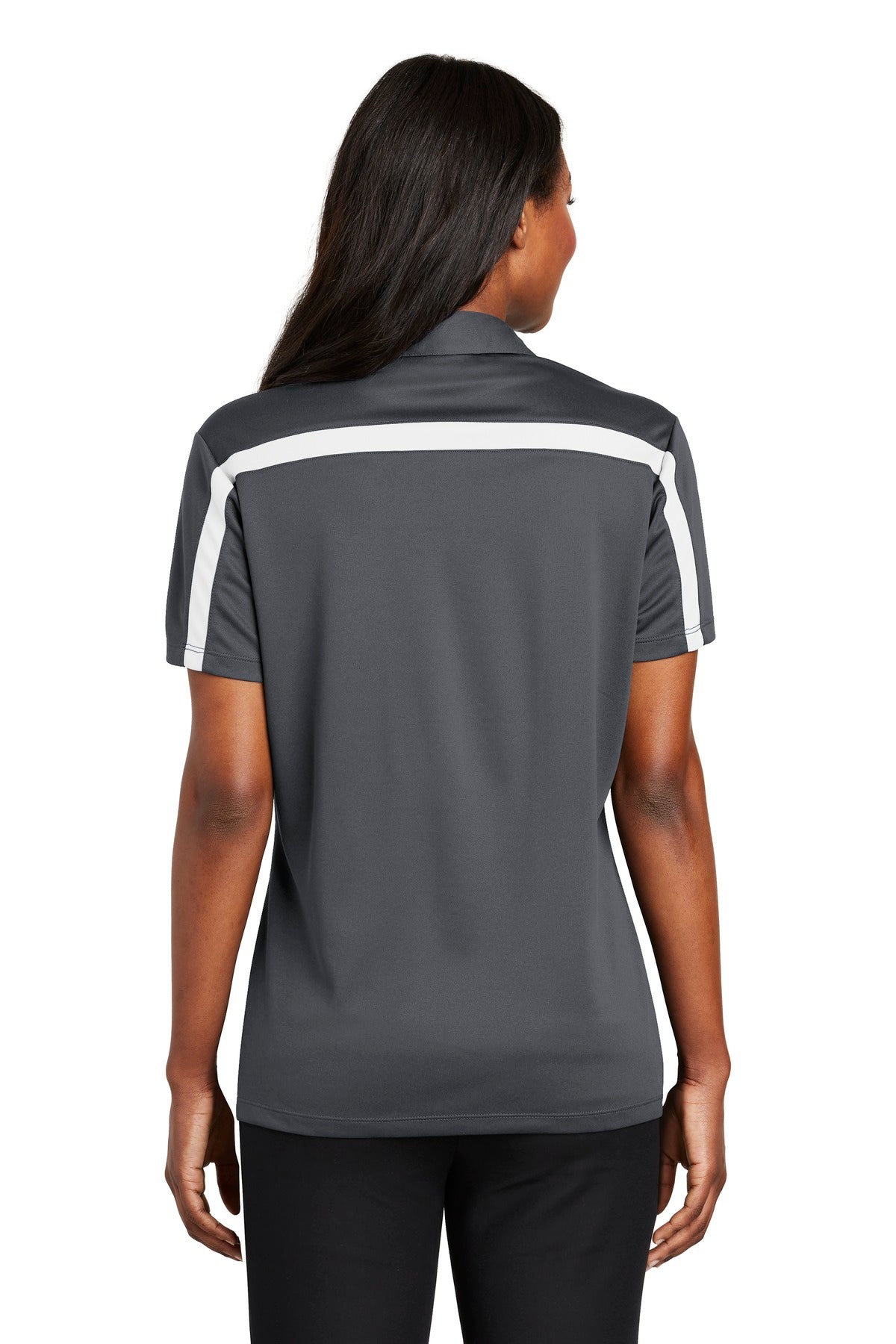 Custom Embroidered Port Authority Women's Silk Touch Performance Colorblock Stripe Polo. L547,Steel Grey/ White