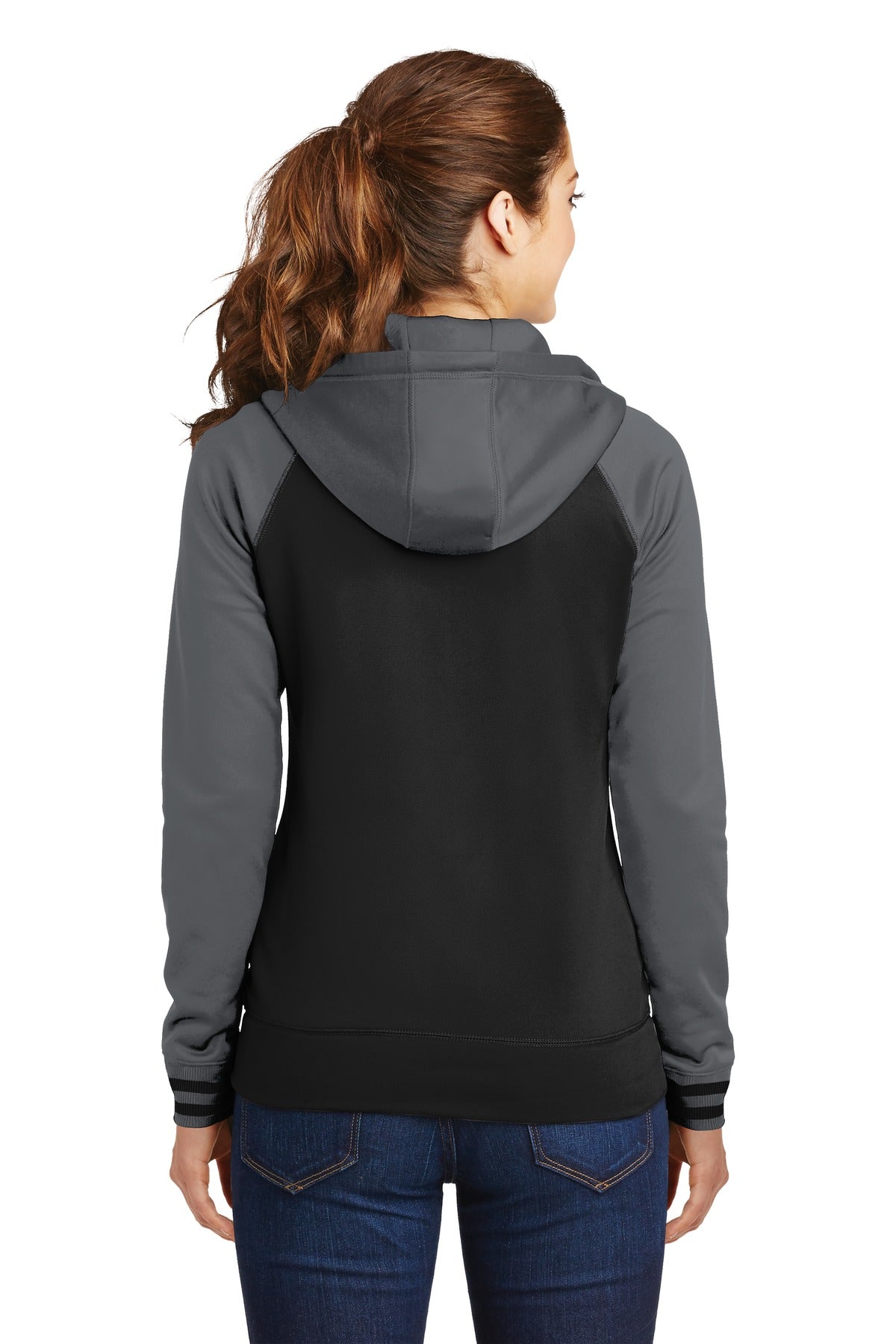 Custom Embroidered Sport-Tek Women's Sport-Wick Varsity Fleece Full-Zip Hooded Jacket. LST236,Black/ Dark Smoke Grey