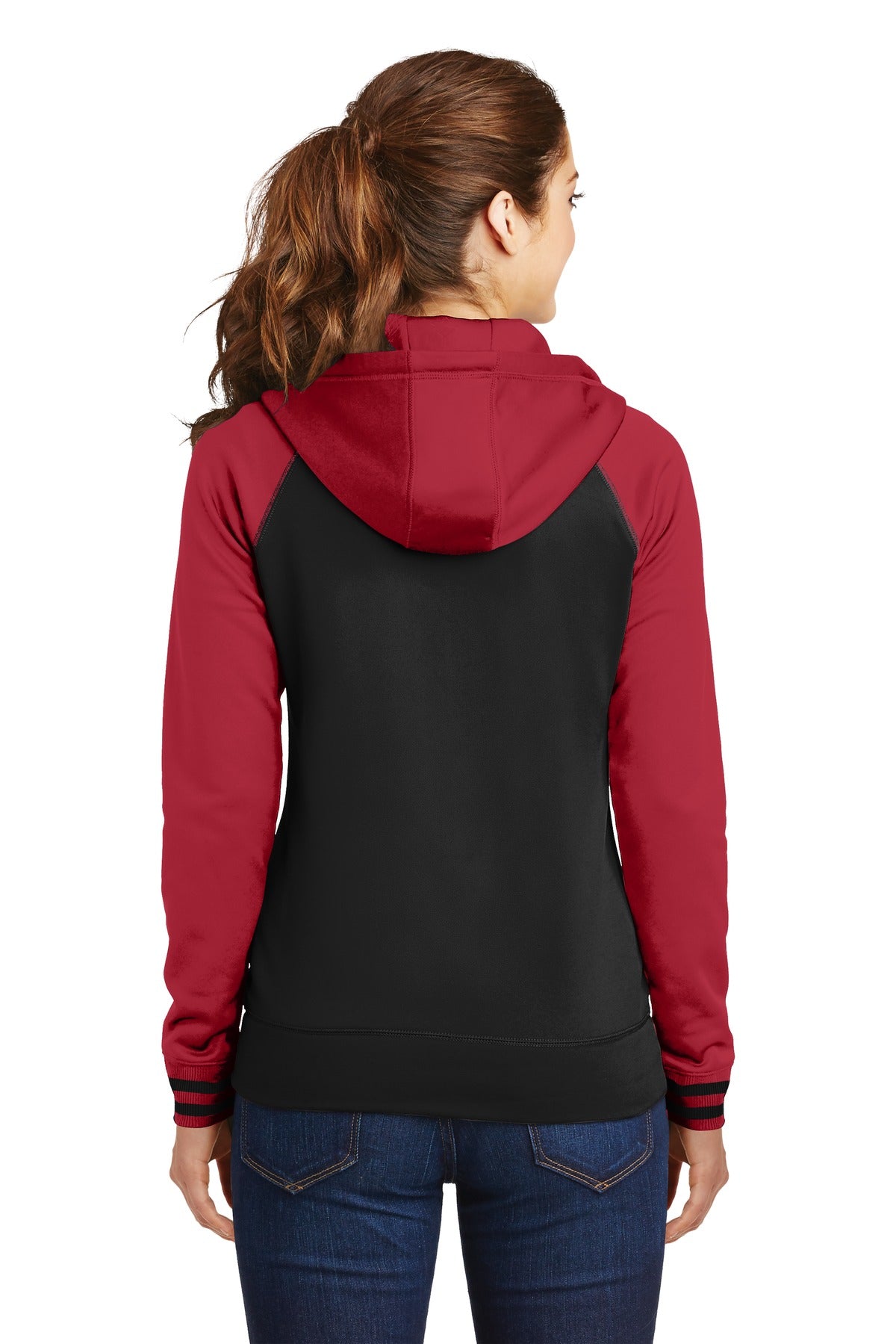 Custom Embroidered Sport-Tek Women's Sport-Wick Varsity Fleece Full-Zip Hooded Jacket. LST236,Black/ Deep Red