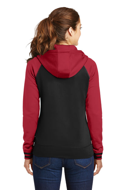 Custom Embroidered Sport-Tek Women's Sport-Wick Varsity Fleece Full-Zip Hooded Jacket. LST236,Black/ Deep Red