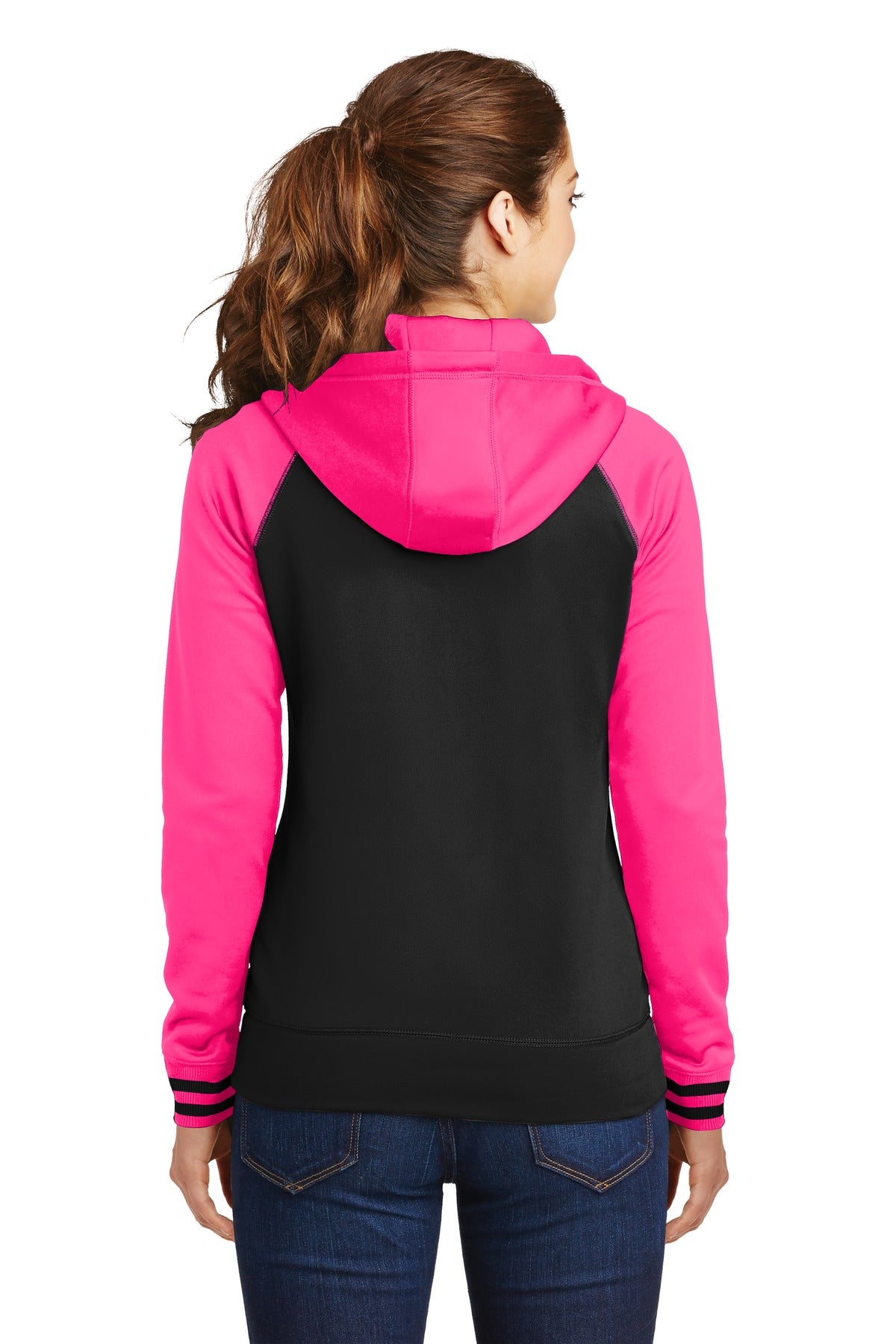 Custom Embroidered Sport-Tek Women's Sport-Wick Varsity Fleece Full-Zip Hooded Jacket. LST236,Black/ Neon Pink