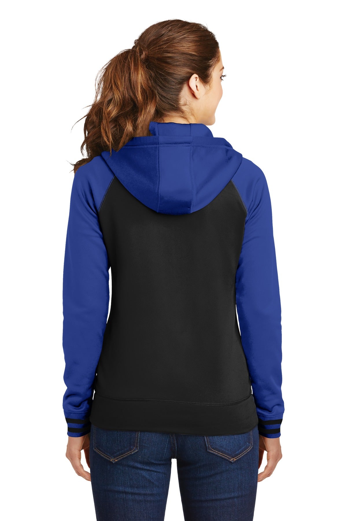 Custom Embroidered Sport-Tek Women's Sport-Wick Varsity Fleece Full-Zip Hooded Jacket. LST236,Black/ True Royal