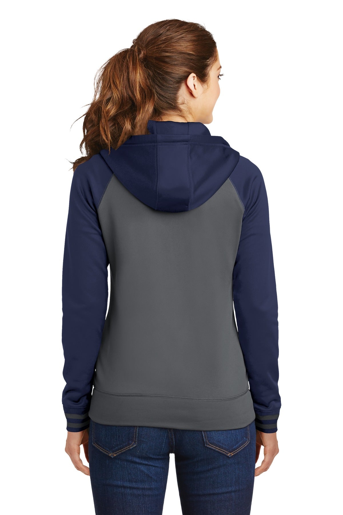Custom Embroidered Sport-Tek Women's Sport-Wick Varsity Fleece Full-Zip Hooded Jacket. LST236,Dark Smoke Grey/ Navy