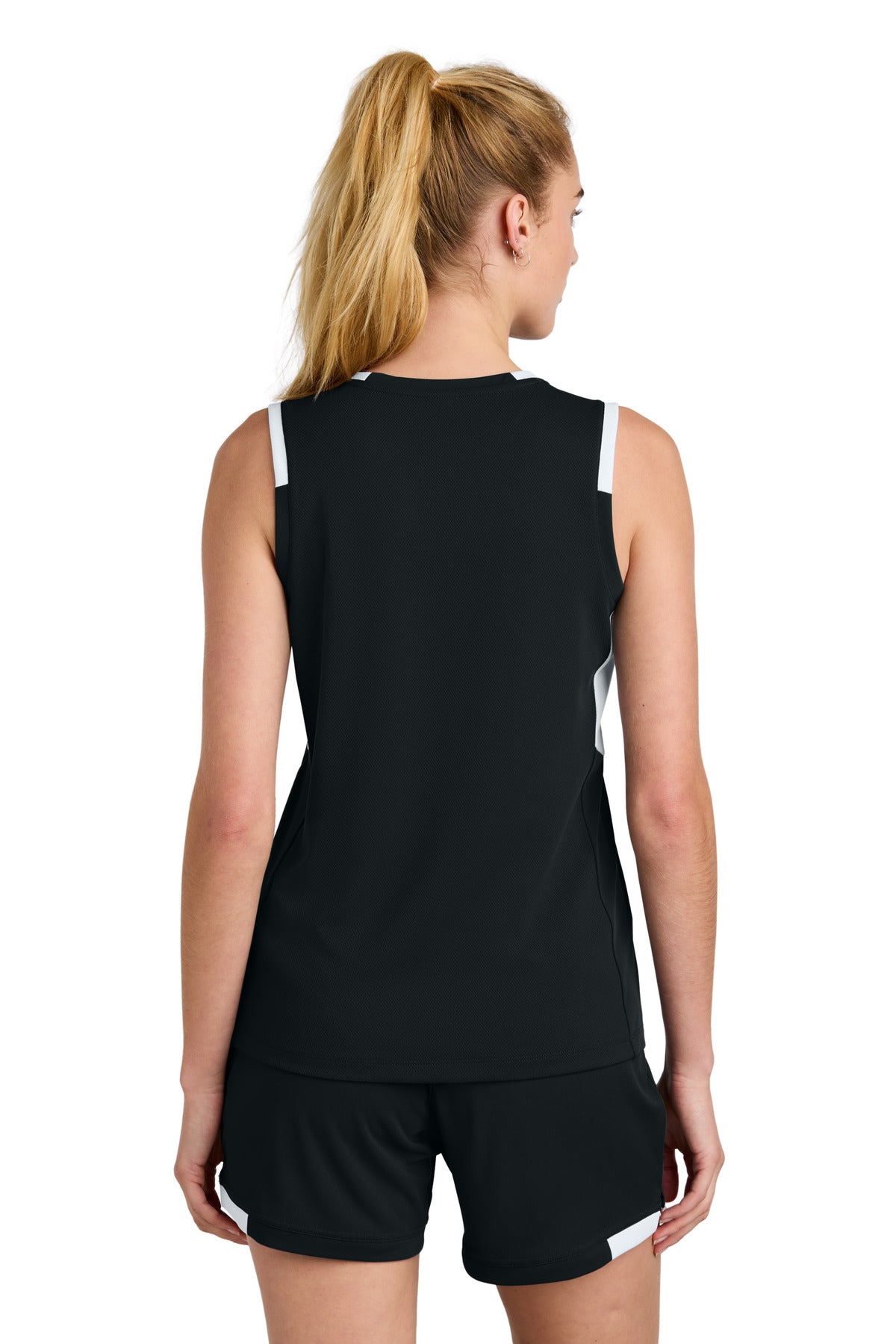Custom Embroidered Sport-Tek Women's Club Sleeveless V-Neck LST441,Black/ White