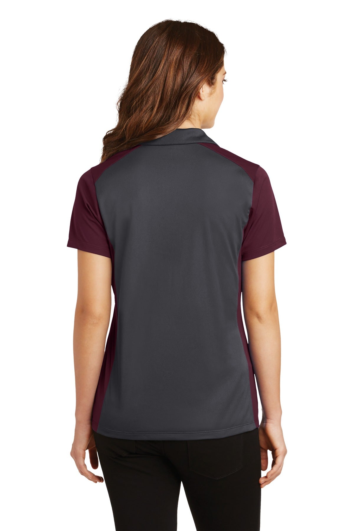 Custom Embroidered Sport-Tek Women's Colorblock Micropique Sport-Wick Polo. LST652,Iron Grey/ Maroon