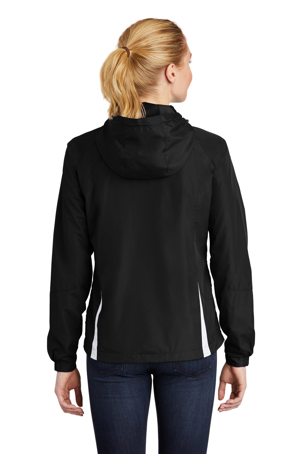 Custom Embroidered Sport-Tek Women's Colorblock Hooded Raglan Jacket. LST76,Black/ White