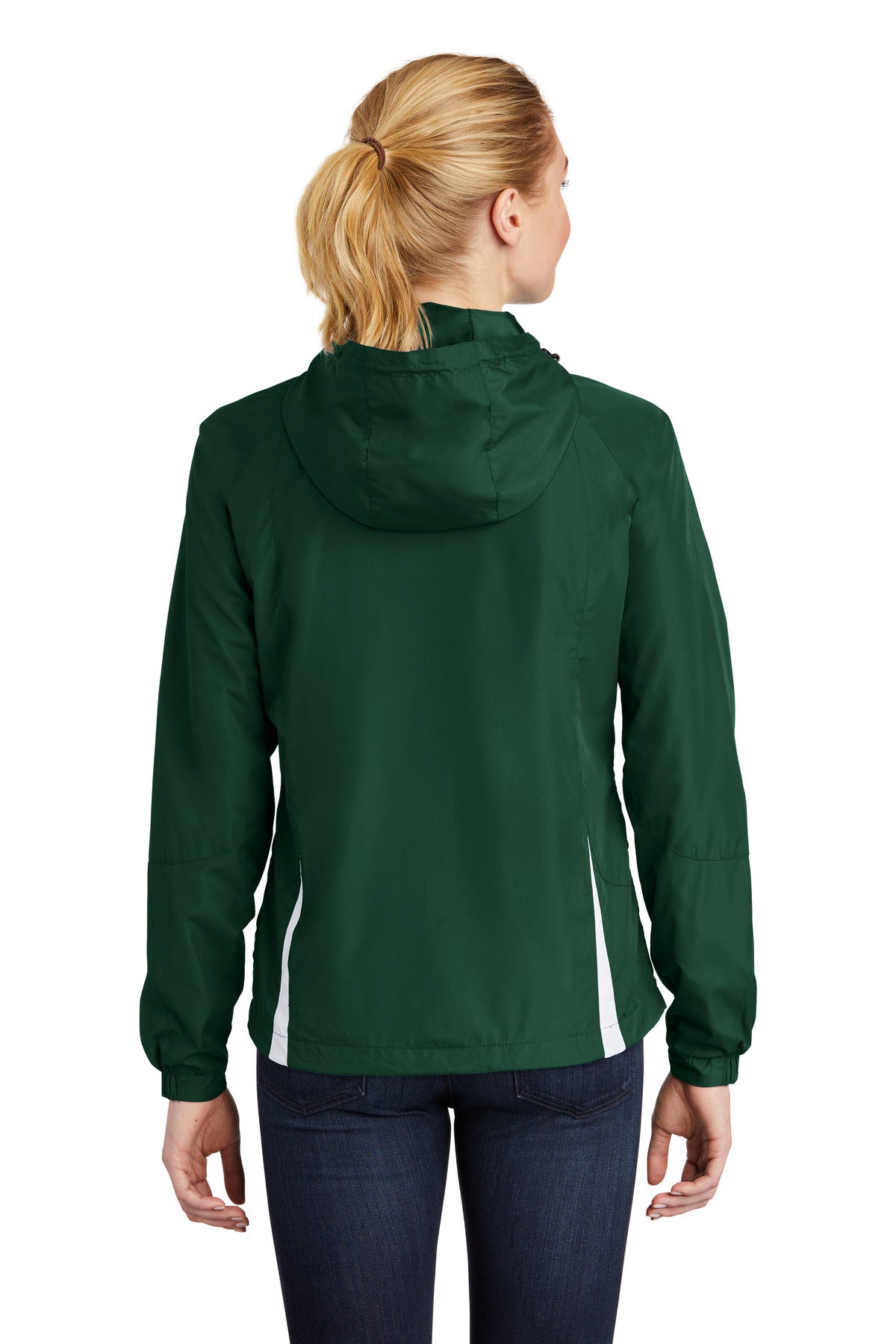 Custom Embroidered Sport-Tek Women's Colorblock Hooded Raglan Jacket. LST76,Forest Green/ White
