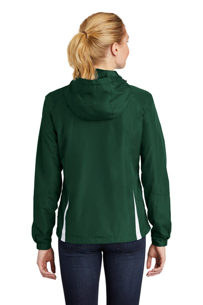 Custom Embroidered Sport-Tek Women's Colorblock Hooded Raglan Jacket. LST76,Forest Green/ White