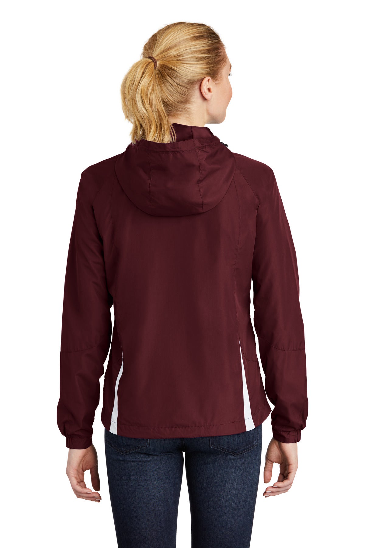 Custom Embroidered Sport-Tek Women's Colorblock Hooded Raglan Jacket. LST76,Maroon/ White