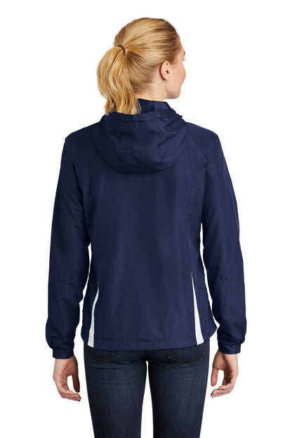 Custom Embroidered Sport-Tek Women's Colorblock Hooded Raglan Jacket. LST76,True Navy/ White