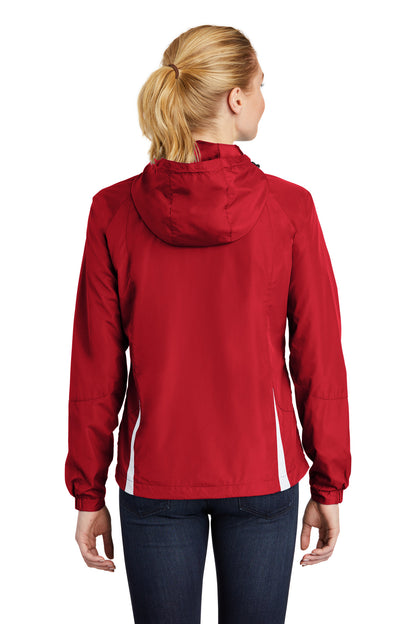 Custom Embroidered Sport-Tek Women's Colorblock Hooded Raglan Jacket. LST76,True Red/ White