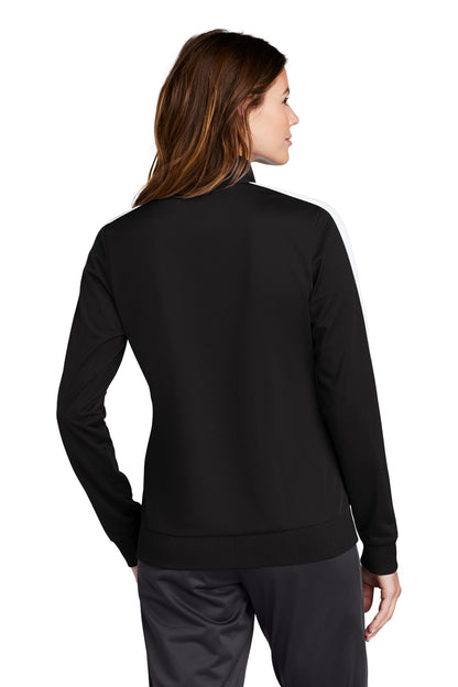 Custom Embroidered Sport-Tek  Ladies Tricot Sleeve Stripe Track Jacket. LST94,Black/ White