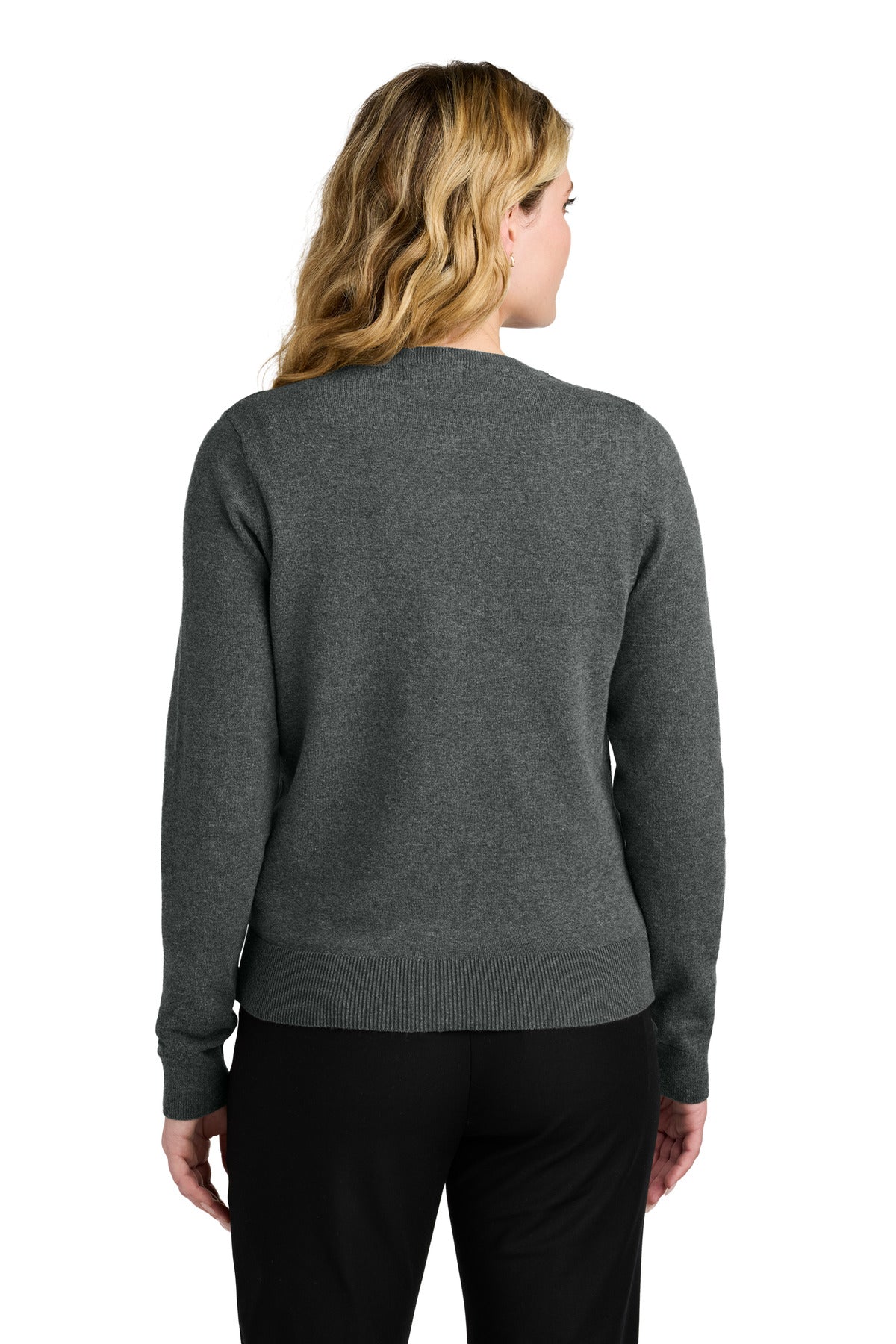 Custom Embroidered Port Authority Women's Easy Care Crewneck Cardigan Sweater LSW2870,Charcoal Heather