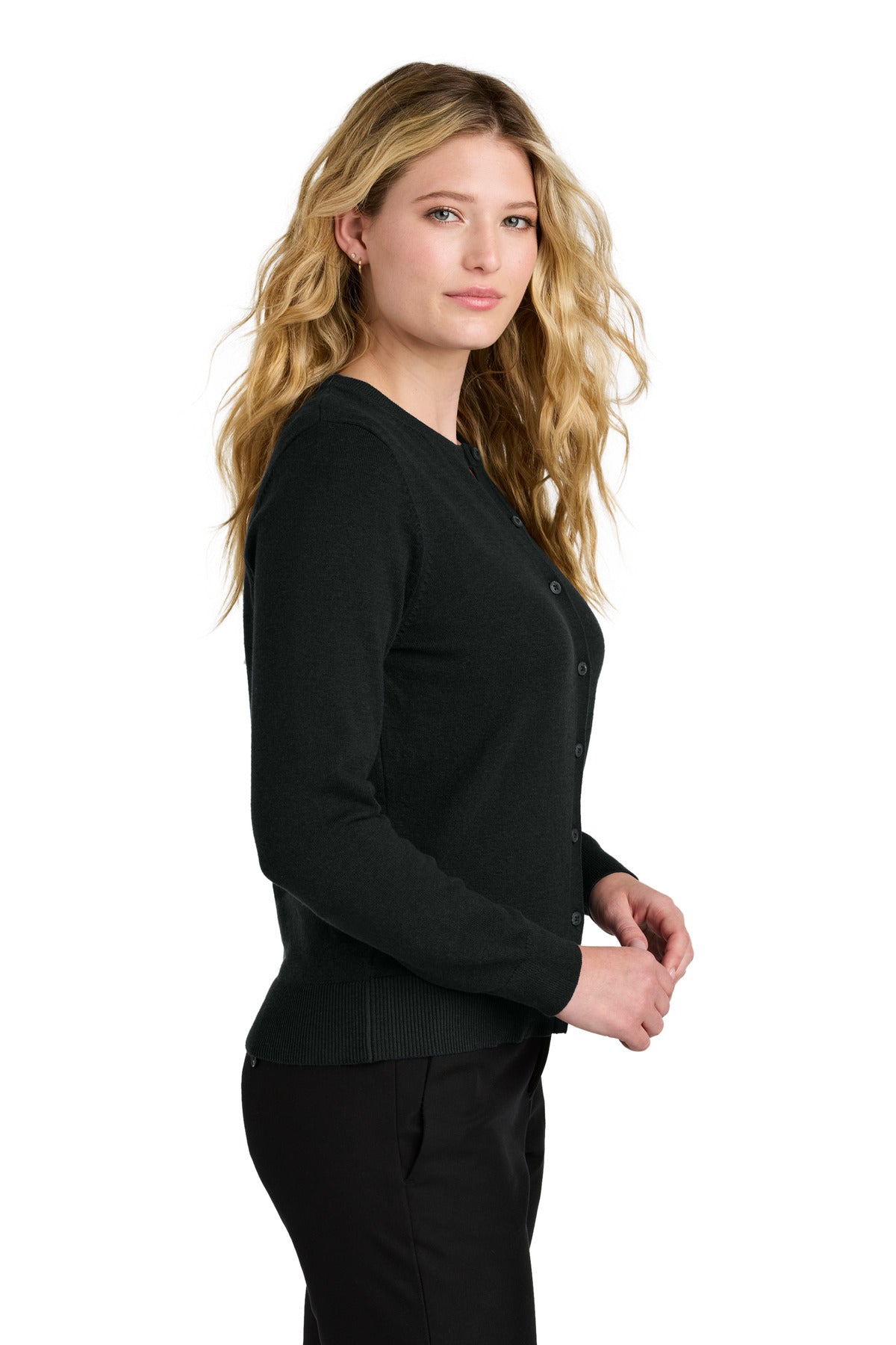 Custom Embroidered Port Authority Women's Easy Care Crewneck Cardigan Sweater LSW2870,Deep Black