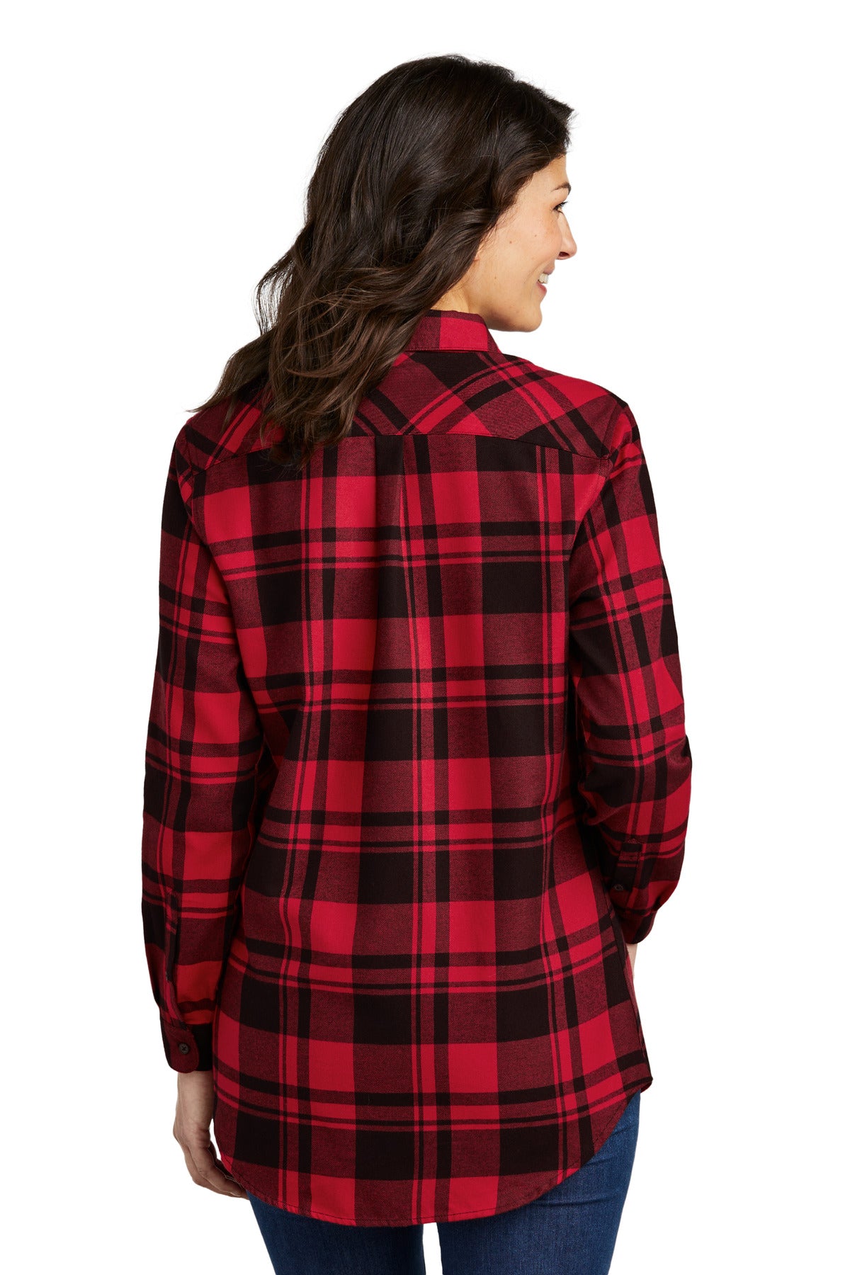 Custom Embroidered Port Authority Women's Plaid Flannel Tunic . LW668,Engine Red/ Black