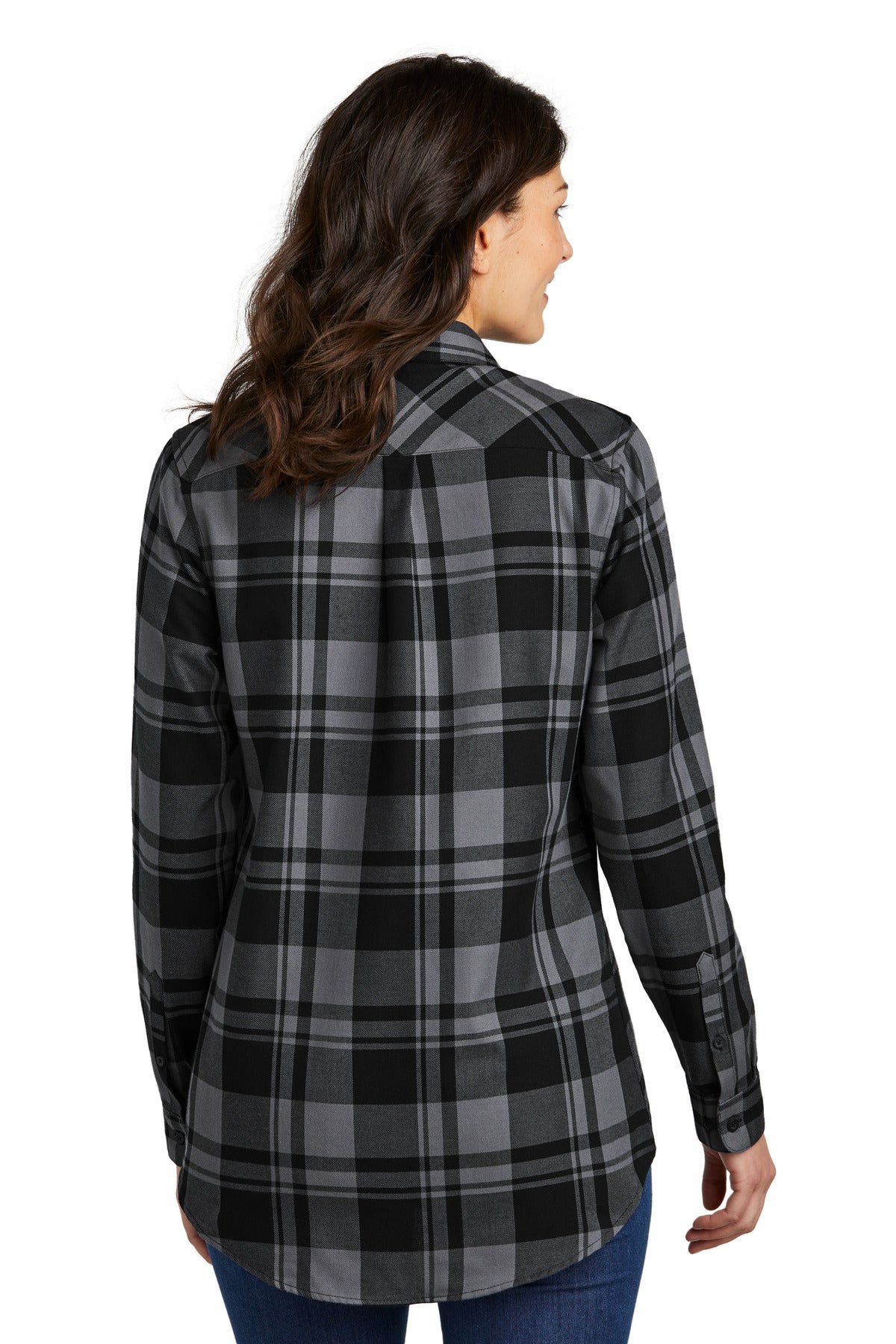 Custom Embroidered Port Authority Women's Plaid Flannel Tunic . LW668,Grey/ Black