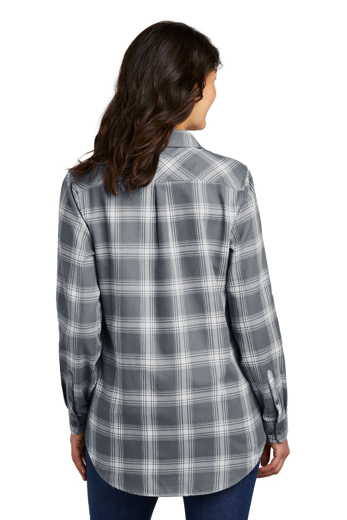 Custom Embroidered Port Authority Women's Plaid Flannel Tunic . LW668,Grey/ Cream Open Plaid