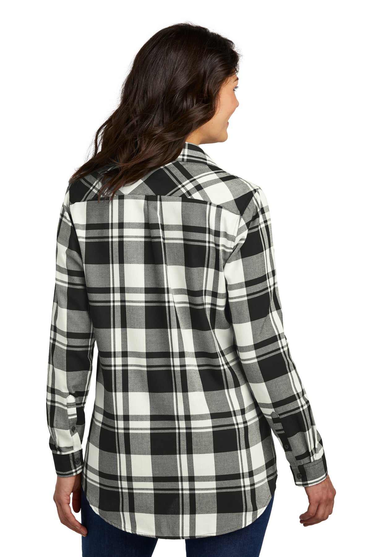 Custom Embroidered Port Authority Women's Plaid Flannel Tunic . LW668,Snow White/ Black