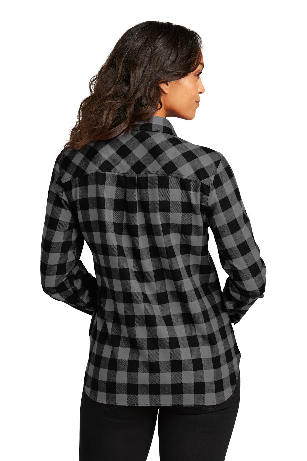 Custom Embroidered Port Authority Women's Plaid Flannel Shirt LW669,Grey/ Black Buffalo Check
