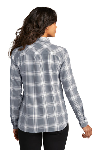 Custom Embroidered Port Authority Women's Plaid Flannel Shirt LW669,Grey/ Cream Open Plaid