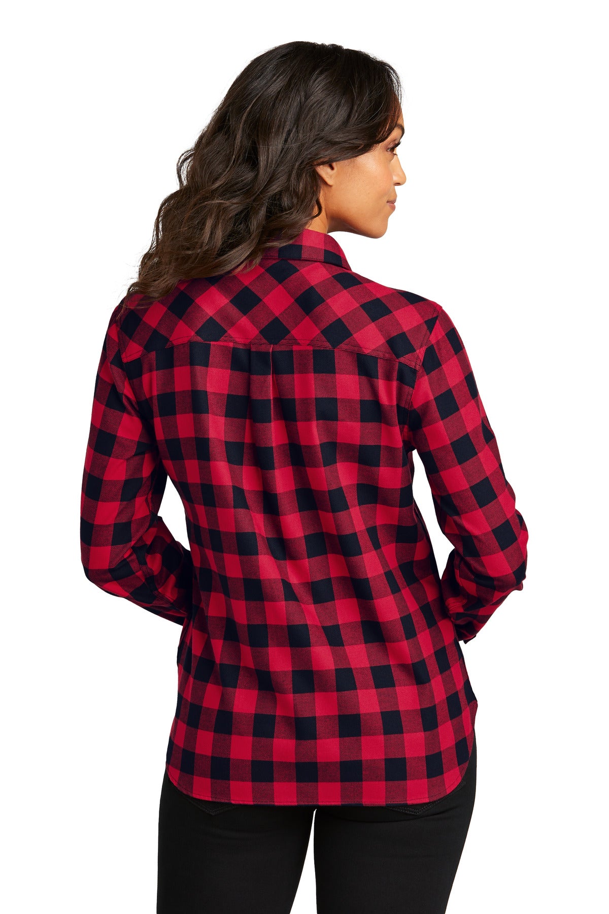 Custom Embroidered Port Authority Women's Plaid Flannel Shirt LW669,Red/ Black Buffalo Check
