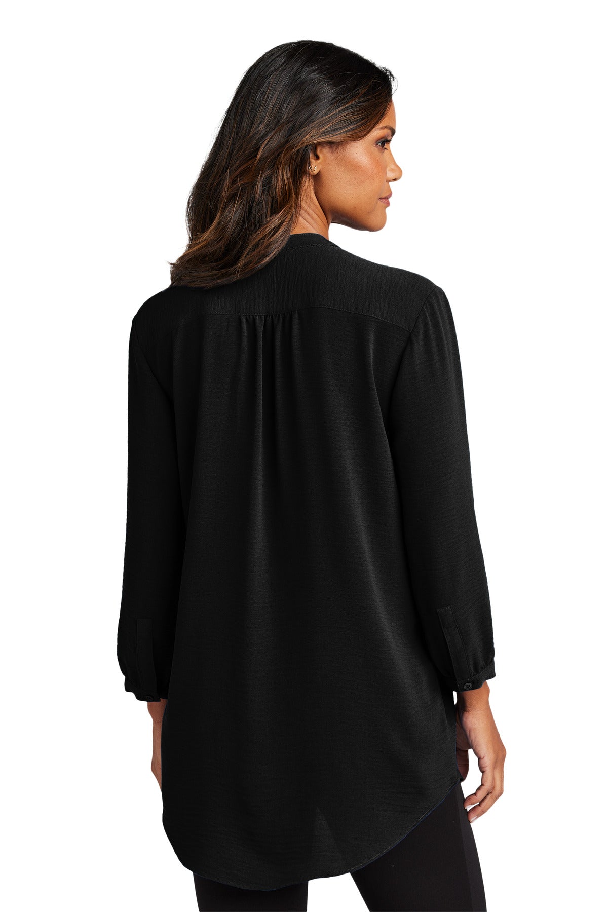 Custom Embroidered Port Authority Women's 3/4-Sleeve Textured Crepe Tunic LW713,Deep Black