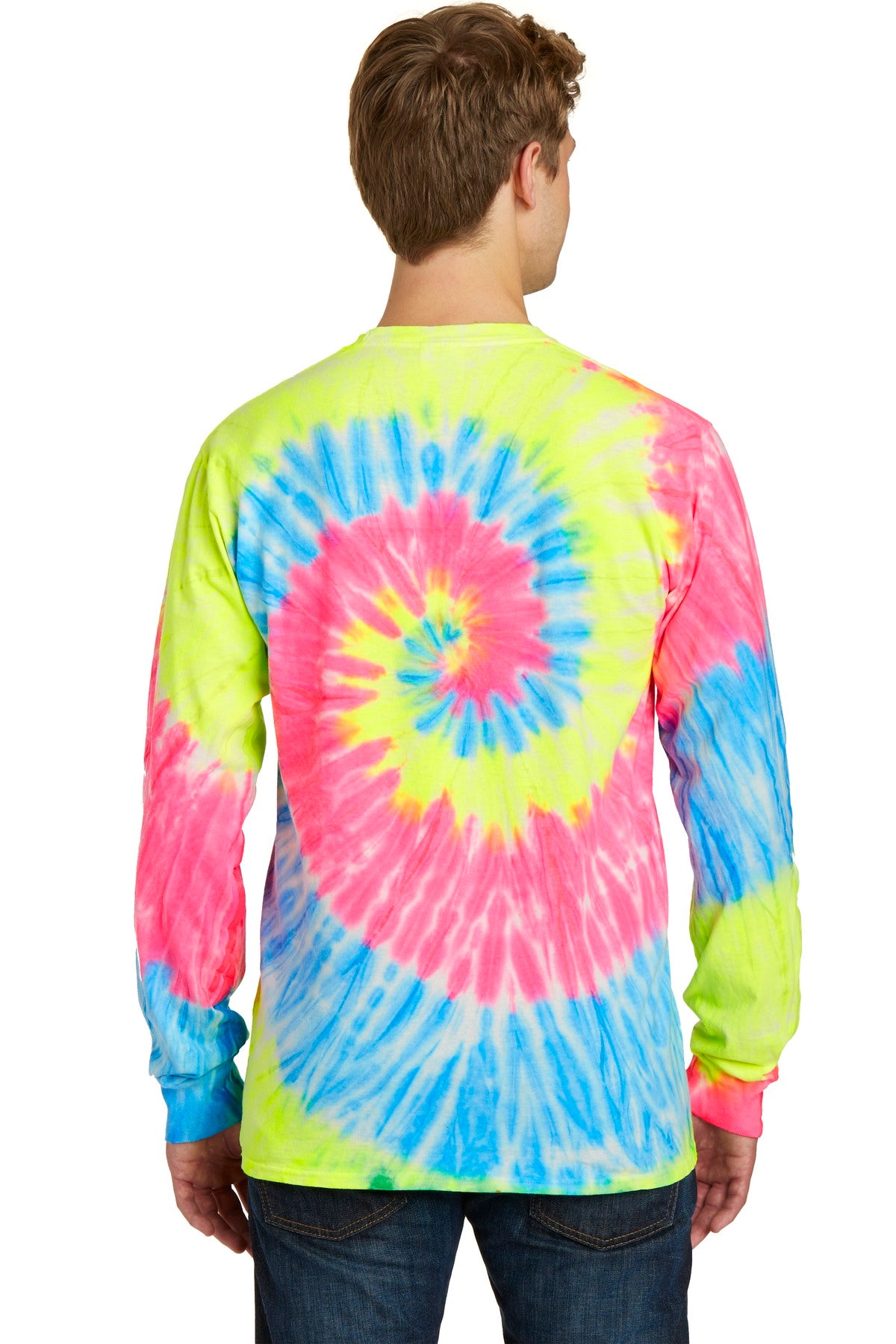 Custom Embroidered Port & Company Tie-Dye Long Sleeve Tee.  PC147LS,Neon Rainbow
