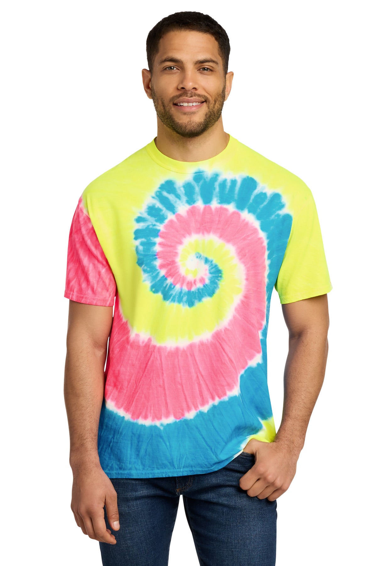 Custom Embroidered Port & Co T-Shirts  in Neon Rainbow