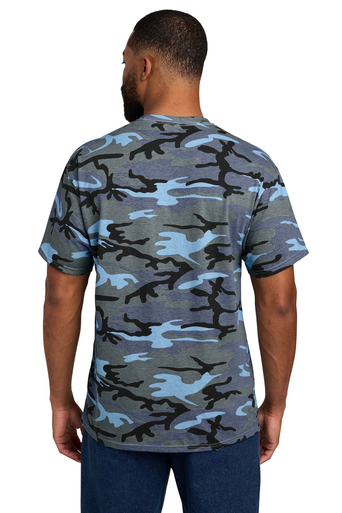 Custom Embroidered Port & Co T-Shirts  in Woodland Blue Camo