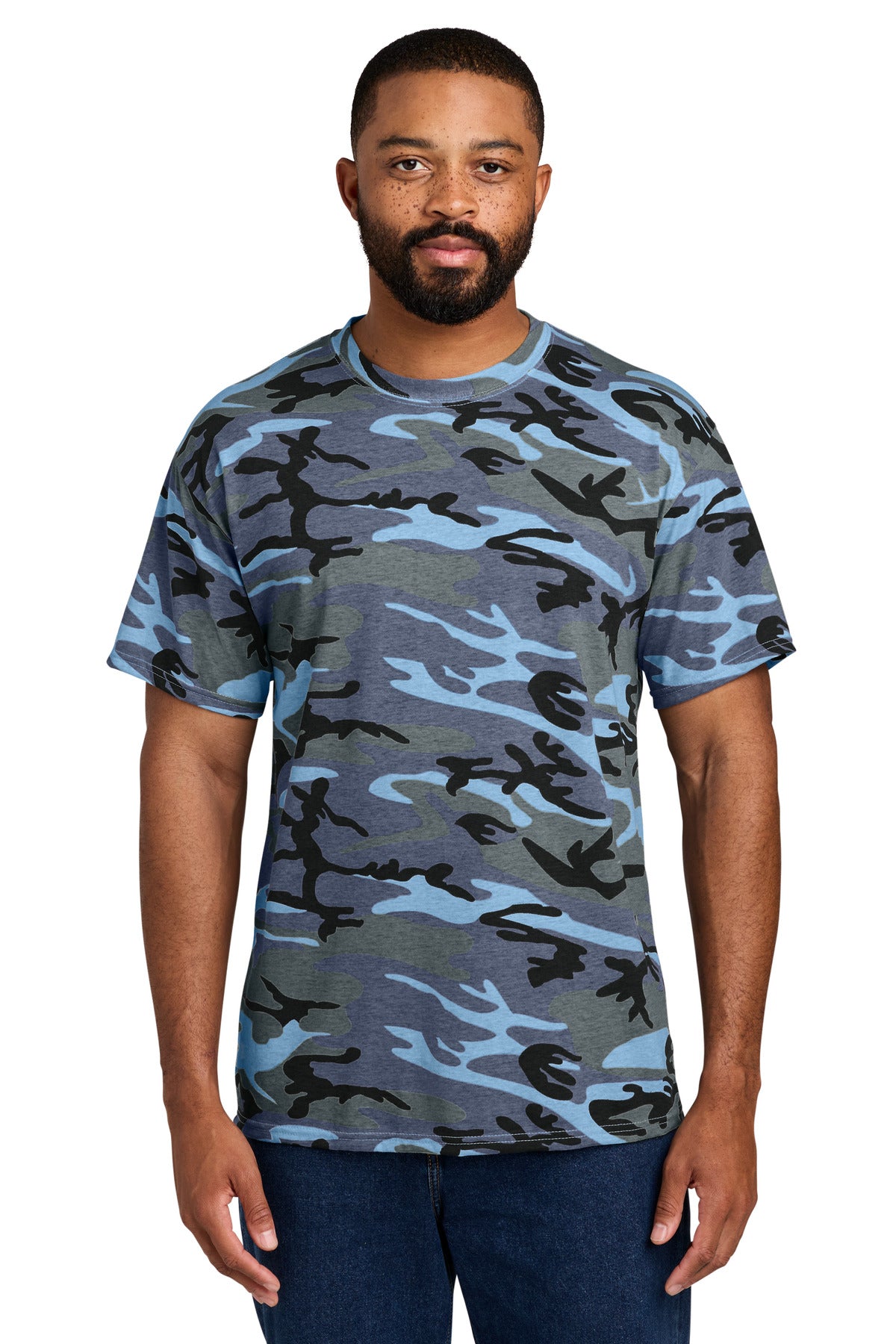 Custom Embroidered Port & Co T-Shirts  in Woodland Blue Camo