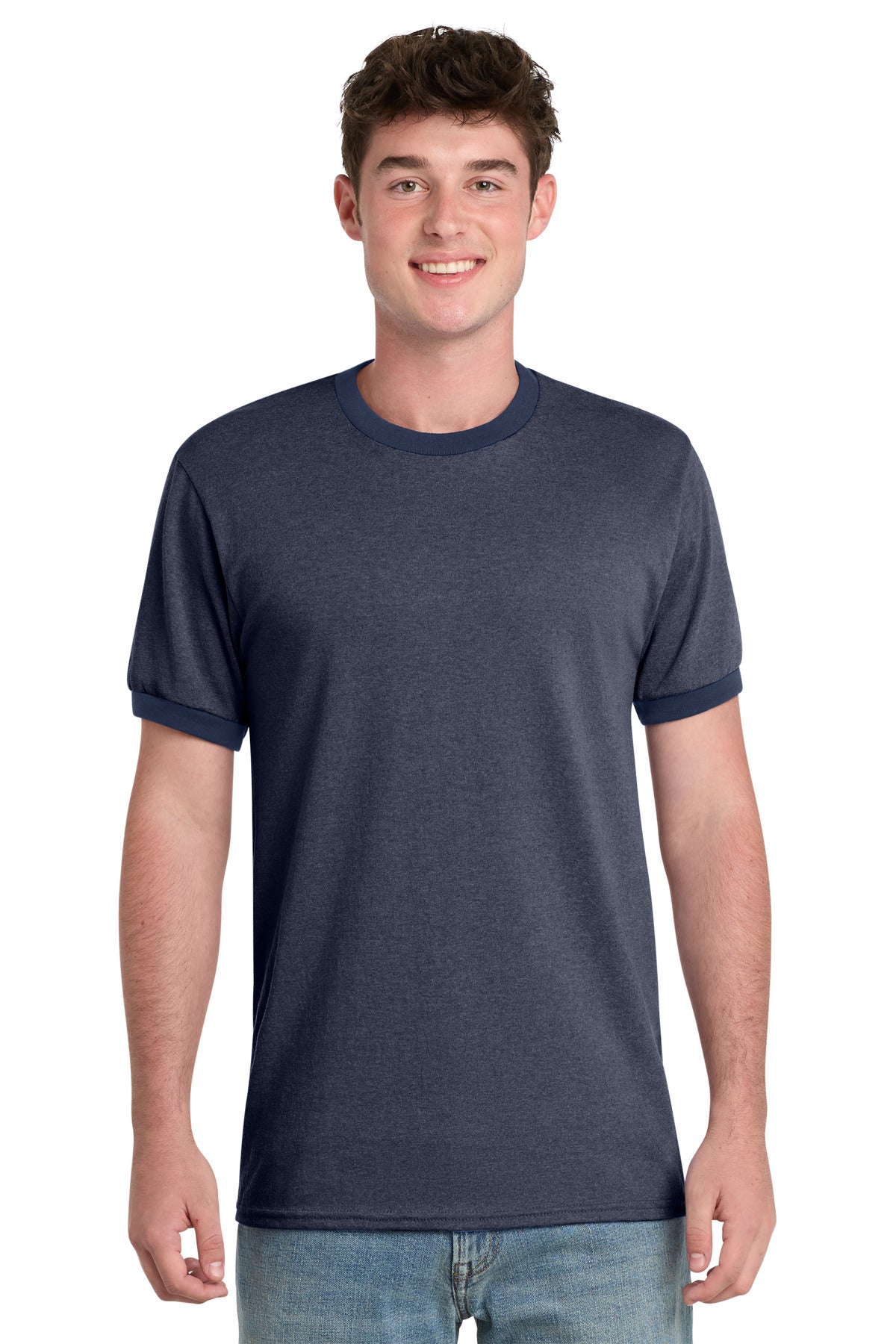 Custom Embroidered Port & Co T-Shirts  in Heather Navy/ Navy
