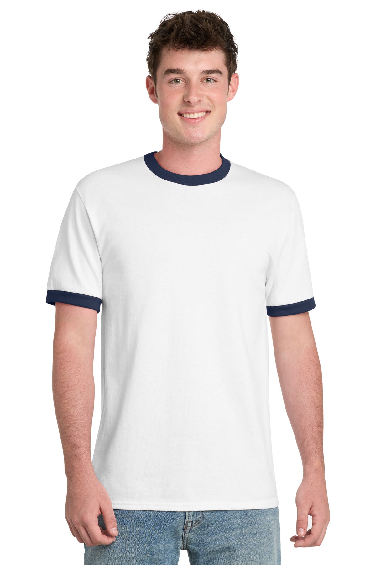 Custom Embroidered Port & Co T-Shirts  in White/ Navy