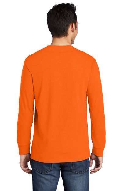 Custom Embroidered Port & Company Long Sleeve Essential Pocket Tee.  PC61LSP,S. Orange