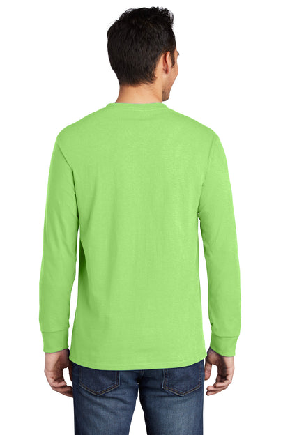 Custom Embroidered Port & Company Long Sleeve Essential Pocket Tee.  PC61LSP,Lime
