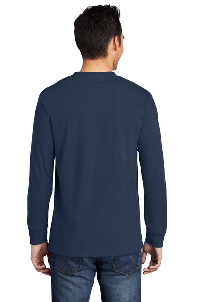 Custom Embroidered Port & Company Long Sleeve Essential Pocket Tee.  PC61LSP,Navy