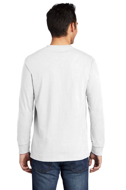 Custom Embroidered Port & Company Long Sleeve Essential Pocket Tee.  PC61LSP,White