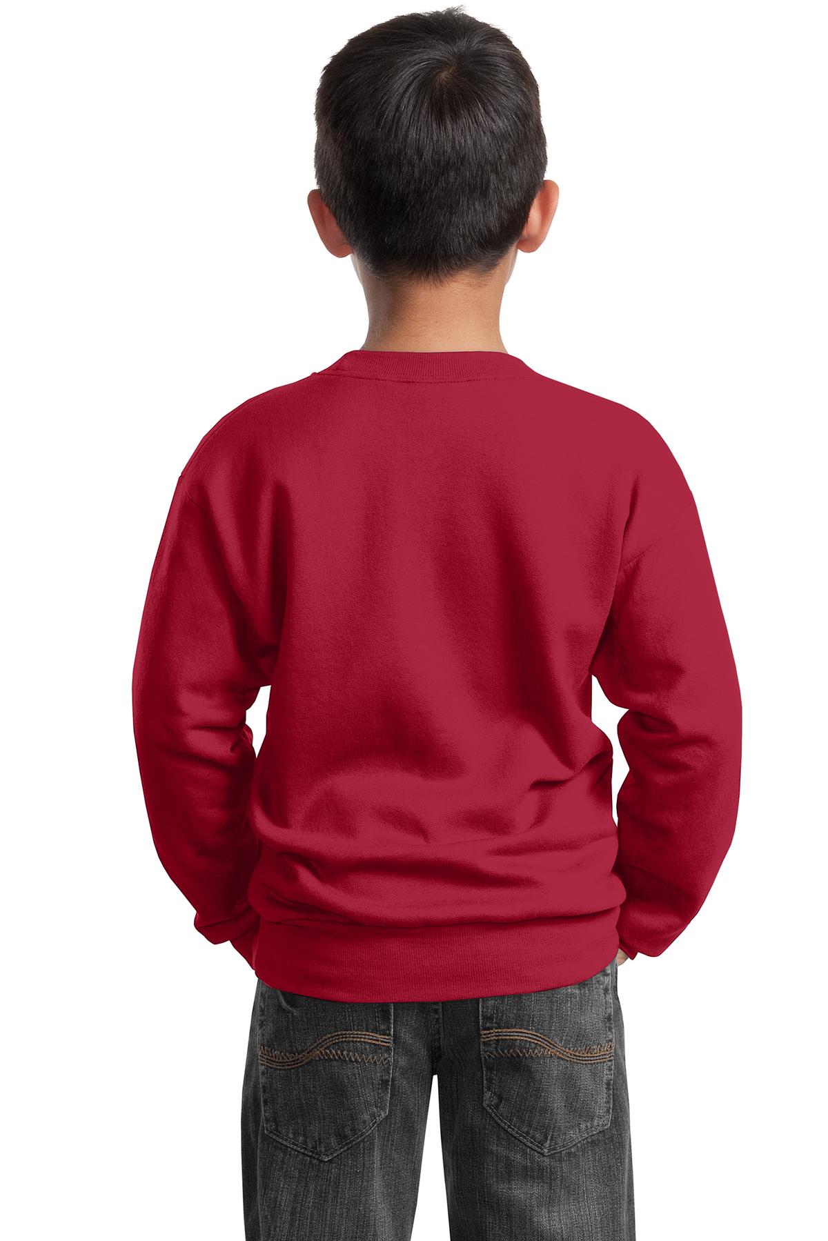 Custom Embroidered Port & Company Youth Core Fleece Crewneck Sweatshirt.  PC90Y,Red