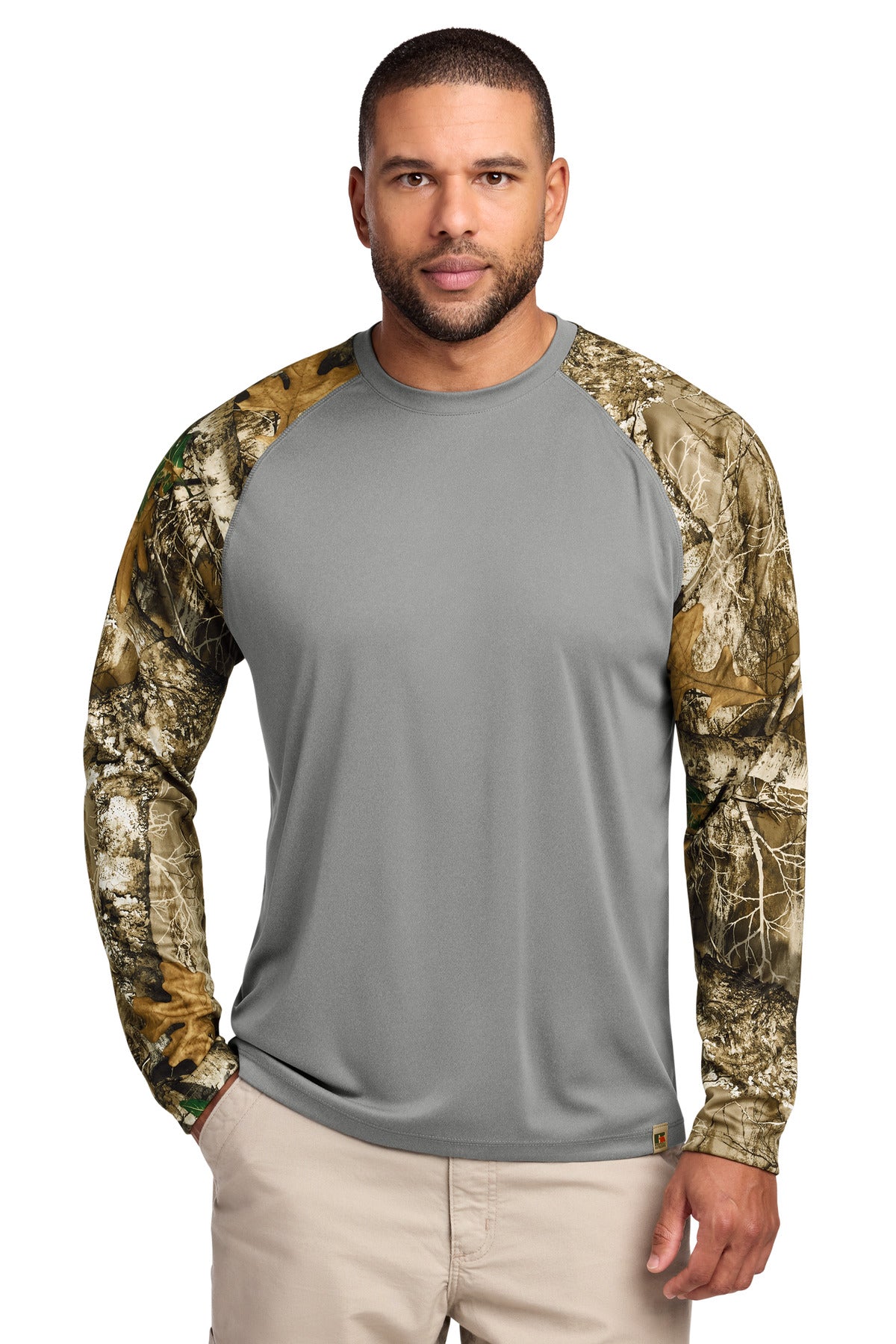 Custom Embroidered Russell Outdoors T-Shirts  in Grey Concrete Heather/ Realtree Edge