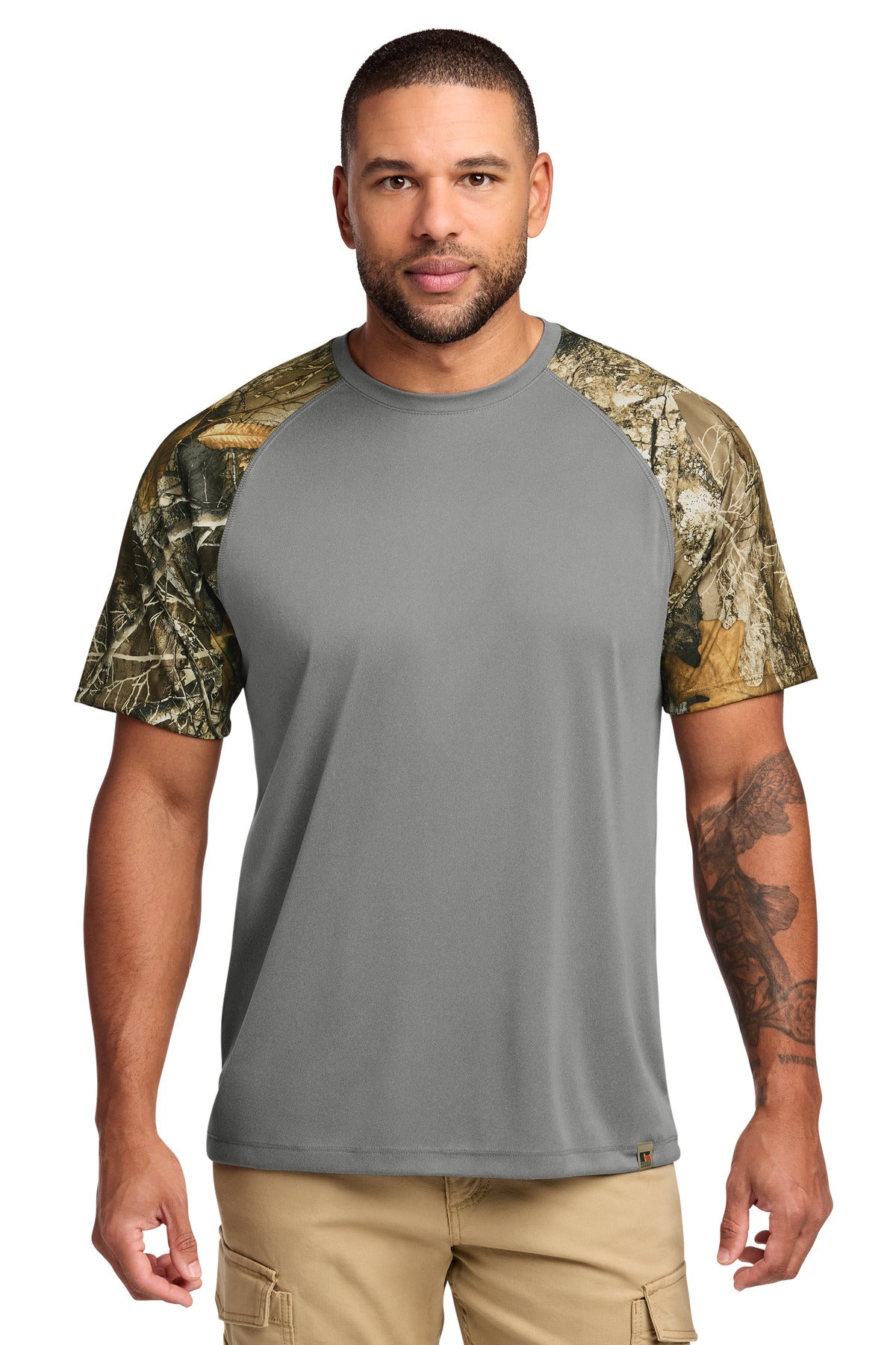 Custom Embroidered Russell Outdoors T-Shirts  in Grey Concrete Heather/ Realtree Edge