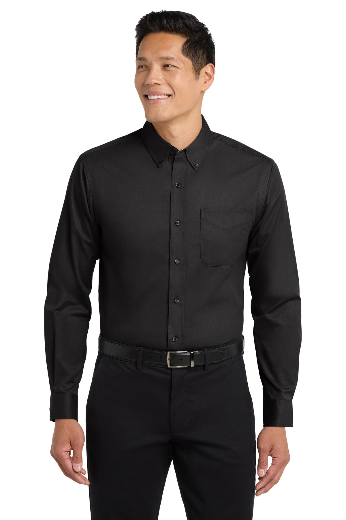 Custom Embroidered Port Authority Woven Shirts in Black/ Light Stone