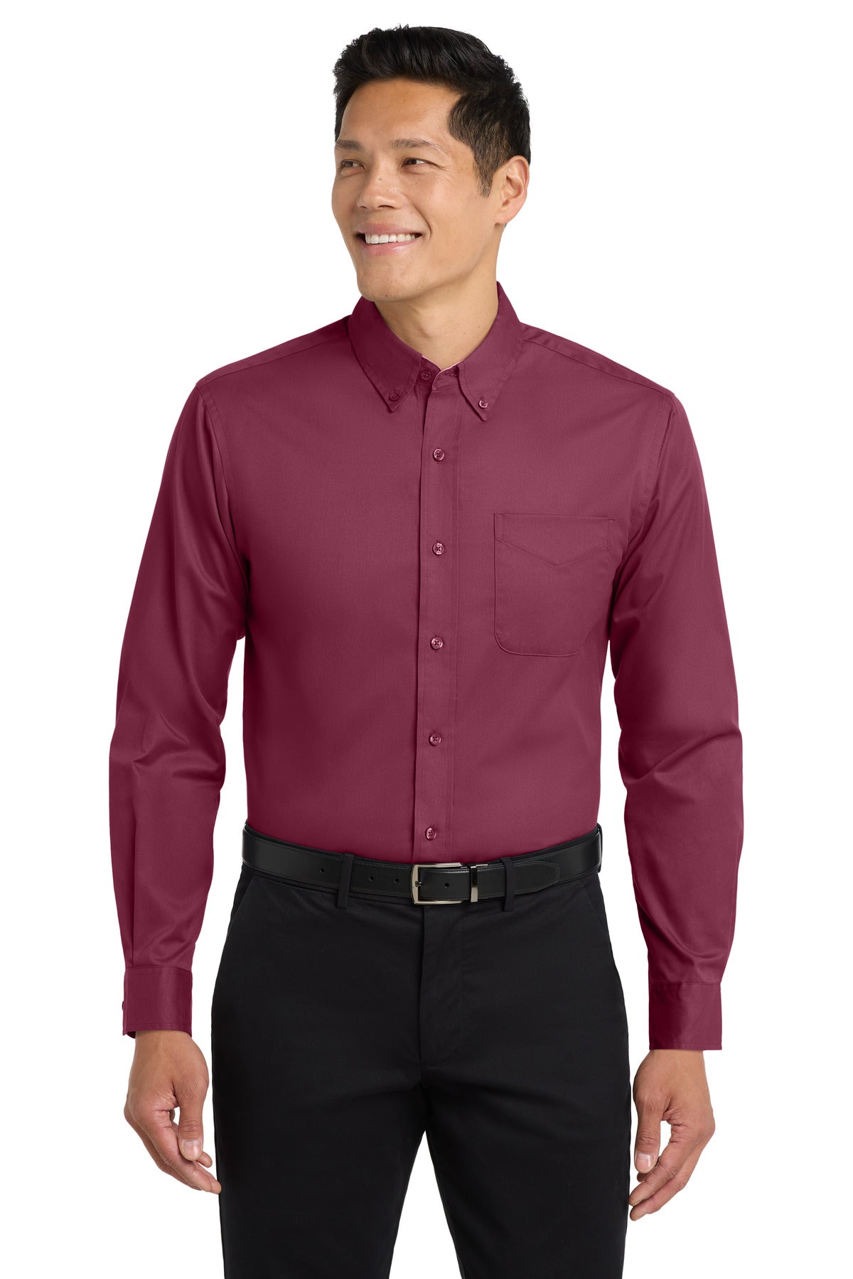 Custom Embroidered Port Authority Woven Shirts in Burgundy/ Light Stone