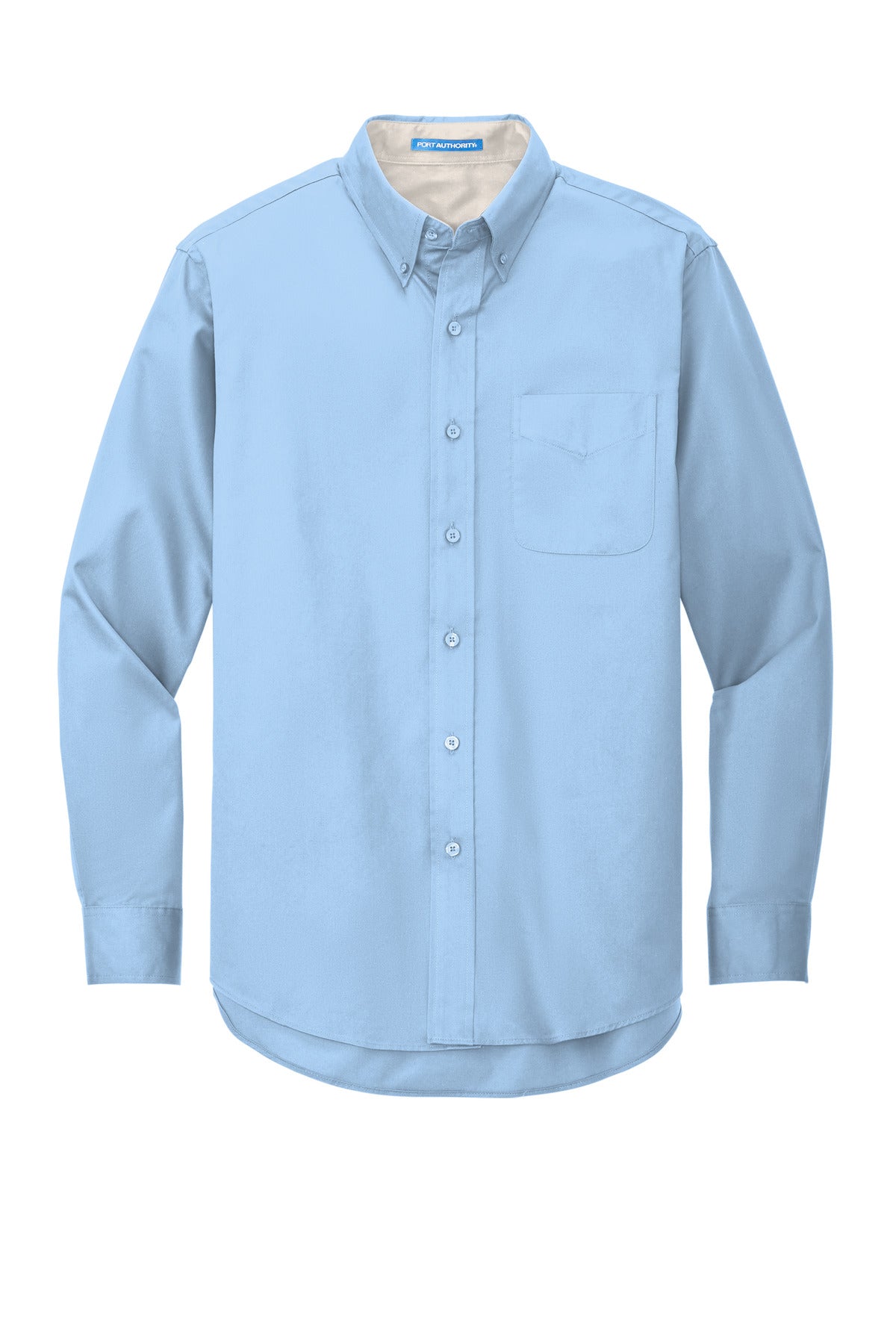 Custom Embroidered Port Authority Woven Shirts in Light Blue/ Light Stone