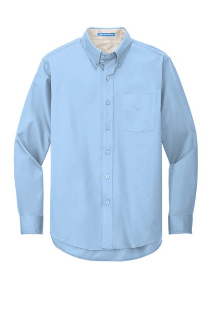 Custom Embroidered Port Authority Woven Shirts in Light Blue/ Light Stone